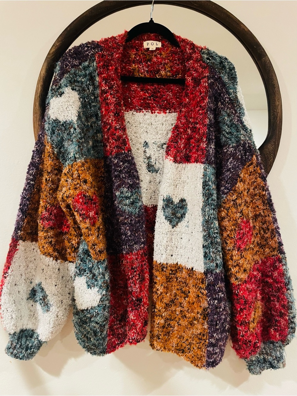 POL Multicolor Patchwork Heart Cardigan in Rust, Teal, Burgundy, Cream, Charcoal